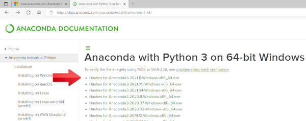 Website links to Anaconda hashes
