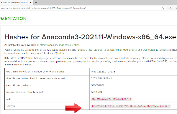 Anaconda website hash for the file