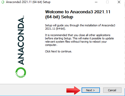 Welcome to Anaconda3 Setup window. Click Next.