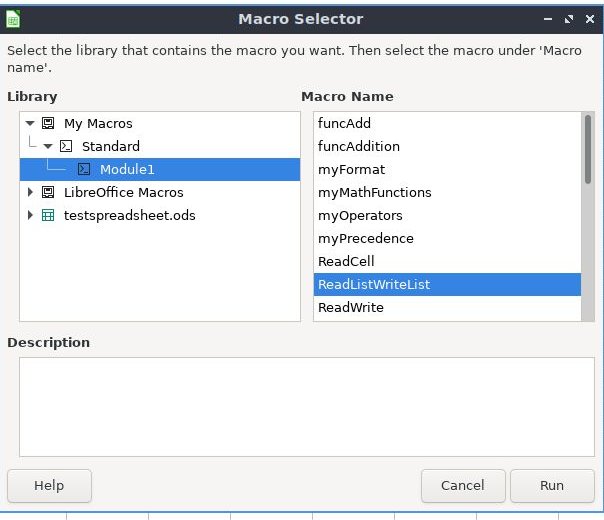 LibreOffice screenshot of Macro Selector.