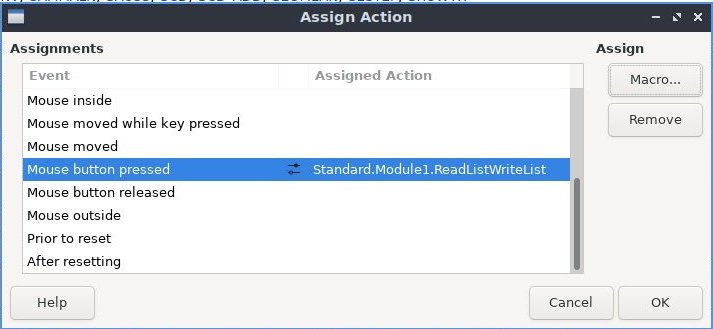 LibreOffice Calc screenshot of Assign Actiion window.
