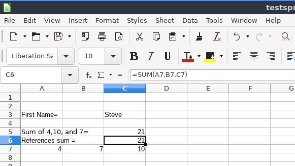Calc worksheet screenshot using cell references.