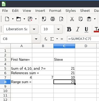 Calc worksheet screenshot using range to add numbers.