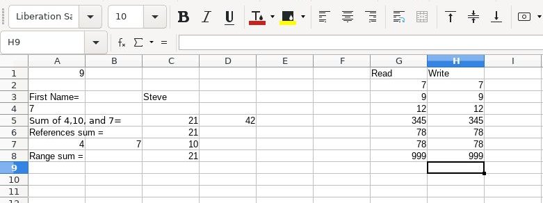 LibreOffice Calc screenshot for reading and writing a list.