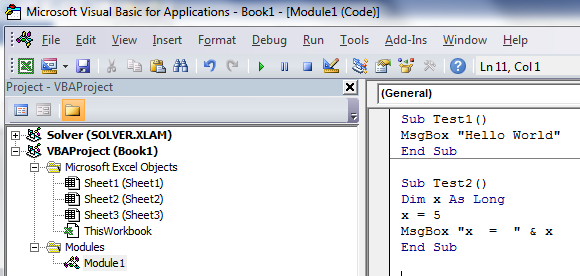 Excel VBA code window.