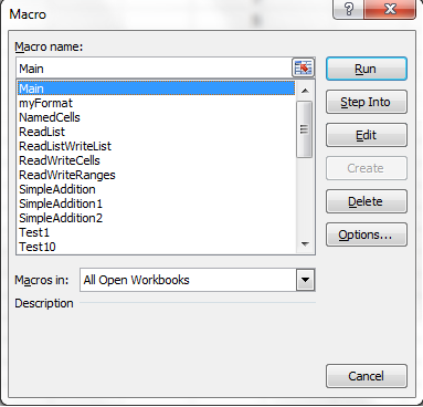 Excel macro dialog box.