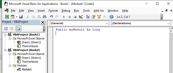VBA screenshot of public variable.