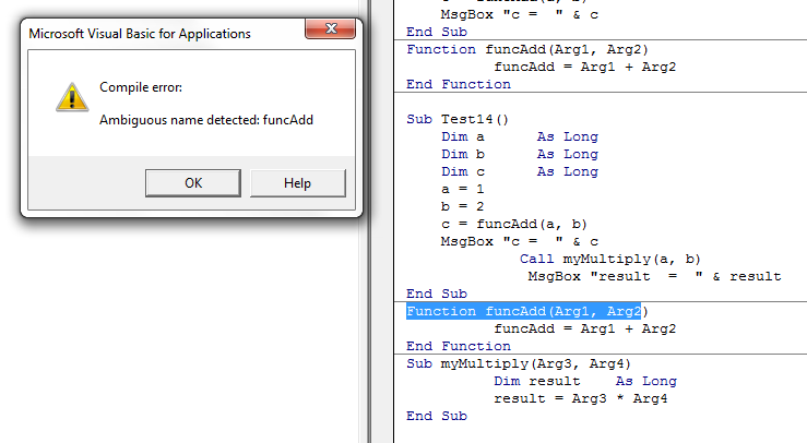 Excel VBA duplicate functions screenshot.