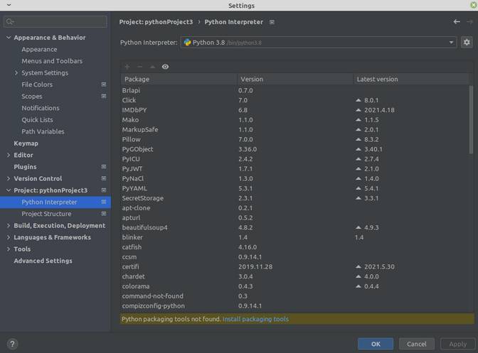 PyCharm Settings window.